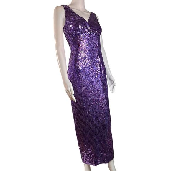 Vtg Y2K Papell Boutique Evening Purple Sequin Column Babydoll Waist Gown Sz 4 - Picture 14 of 16